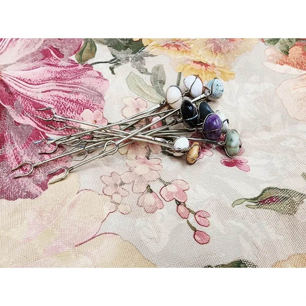 Vintage Lot Of 12 Stone Small‎ Cocktail Picks Poker Metal Bohemian Nature